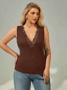 SHEIN Essnce Plus Size Women's Spring And Summer Fashion Elegant Casual Comfortable Sexy Deep V Lace Splicing Tight Tank Top,Curve Tops,Summer Outfits For Women,Sexy Black Tops,Valentines Clothes,Going Out Tops - Brown - View 5