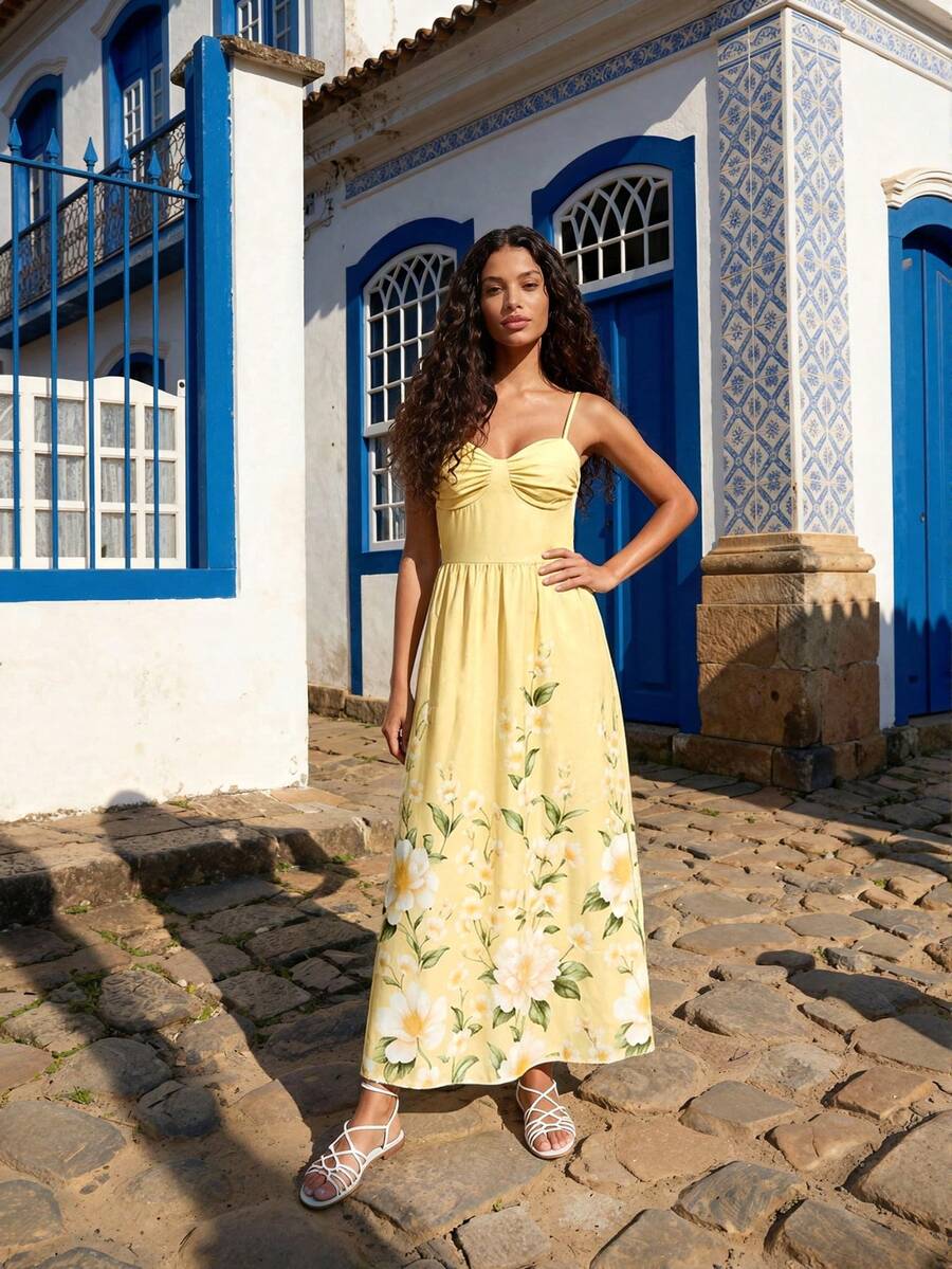 CAJUNI Đầm đi nghỉ mát không tay in hoa, kiểu dáng thường ngày. - Màu vàng - Xem 1