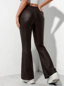SHEIN PETITE Women's Solid Color PU Leather Pocket Casual Flared Pants - Coffee Brown - View 2