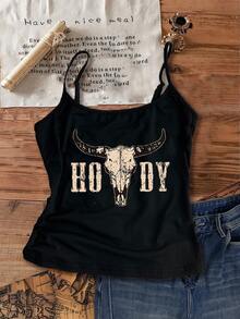 Attitoon Bộ 3 áo croptop tank top phong cách cao bồi cổ điển với họa tiết đầu lâu và chữ cái, gợi cảm và ôm sát, thích hợp cho mùa hè. - Nhiều màu - Xem 3