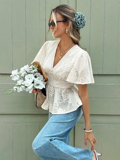 Serisse Women's Elegant Cutout Ruffle Trim Solid Color Short Sleeve Cut Flower Chiffon Shirt Casual Shirt, Vacation Style,Acquard Textured Babydoll,Romantic Jacquard Flower Summer Tops,Ruffled Top, For Everyday Wear,French Holiday Casual Outfits,Summer Tops,Summer, Valentine's Day, Carnival, Party ,Wedding ,Birthday, Elegant ,Vacation, Casual ,Summer Tops ,Fasching Women Costume