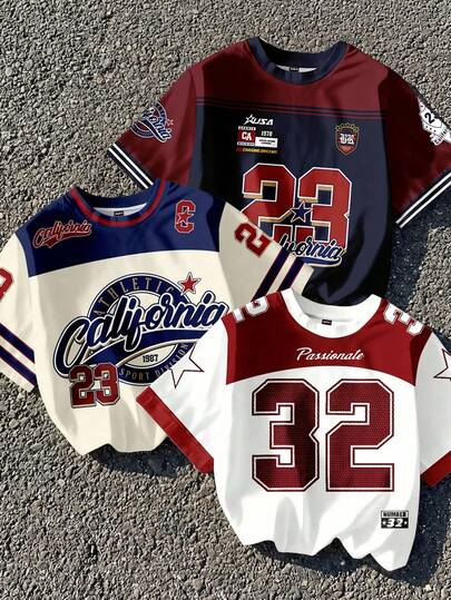 SHEIN Young Boys New Casual Minimalist Y2K Style English Letter Number 23 Sports Retro American Colorblock Comfortable Short Sleeve T-Shirt, Suitable For Spring/Summer