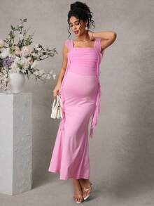 Momance Maternity Mesh Ruffle Front Panel Double Layer Fish Tail Hem Open Slit Maxi Dress