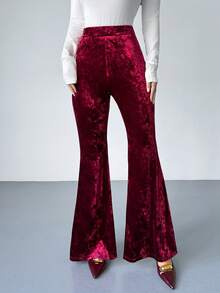 Firerie 女士新款优雅休闲通勤时尚百搭高腰修身天鹅绒喇叭裤，酒红色，适合秋冬季、机场、教师、办公室、舒适秋季、圣诞节、新年等场合。 - 酒紅色 - 查看 5