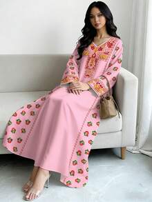 SHEIN Najma Women's Floral & Wave Pattern Digital Print V-Neck Long Sleeve Elegant Dress, Spring/Summer