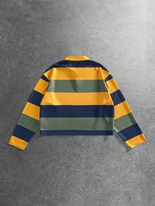 ROMWE MEN Prep 男士休闲日常通勤时尚街头撞色条纹字母印花宽松长袖Polo衫，春秋季 - 彩色 - 查看 2