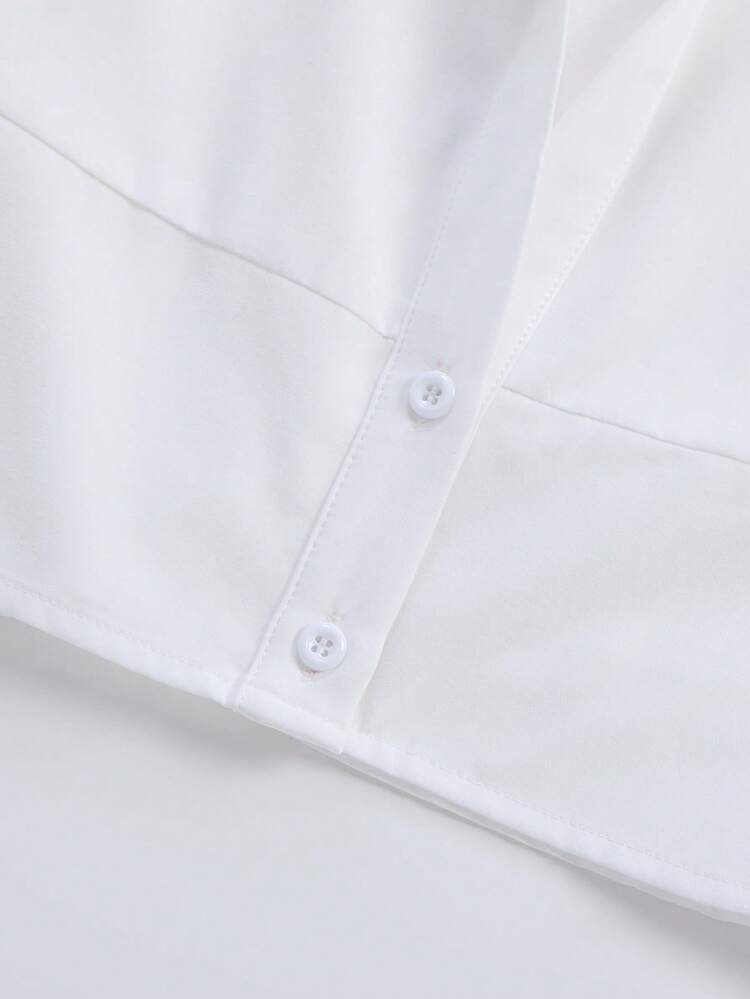 EMERY ROSE Women's Solid Color Button Pleated Elegant Fashion Long Sleeve Blouse - White - View 3