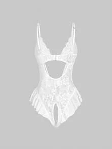 ROMWE Kawaii Bộ jumpsuit ren hoa thắt nơ gợi cảm, hở đáy, ngọt ngào và quyến rũ. - trắng - Xem 2
