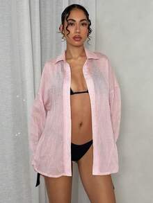 SHEIN Glamour Women's Light Pink Textured Long Sleeve Shirt,Bikini Set Bathing Suits,Autumn Casual Beach Vacation Holiday Modest Summer Solid Color Bikini - Pink - View 5