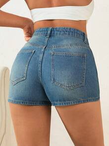 SHEIN Cottnline Women's High Waist Pocketed Casual Versatile Denim Shorts Jeans For Women Work Aqua Blue Summer - Medium Wash - View 2
