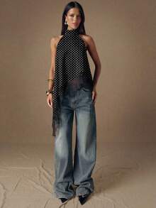 SHEIN BAE Casual Minimalist Sexy Style Black Background White Polka Dot Allover Print Asymmetrical Lace Hem Halter Neck Blouse, Suitable For Spring/Summer, Vacation, Sexy, Retro Spring - Multicolor - View 4