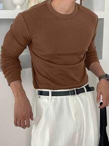 DAZY 男士休闲棕色保暖长袖T恤，秋季 - 鏽棕色 - 查看 3