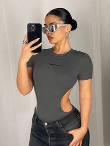 SHEIN ICON Y2K风格女士黑色高弹镂空轻薄无缝针织连体衣 - 灰色 - 查看 7