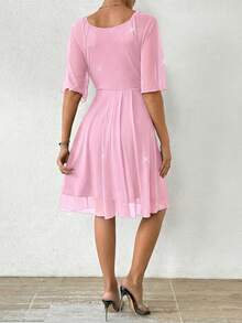 Rafferiza Mesh Embossed Ruffle Sleeve Waist Cinched Mini Dress - Pink - View 2