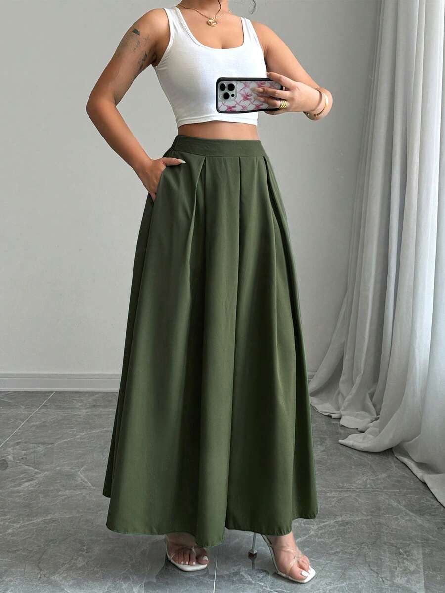 Rafferiza Tall 女士纯色褶裥口袋休闲百搭约会外出A字裙 - 墨綠色 - 查看 1