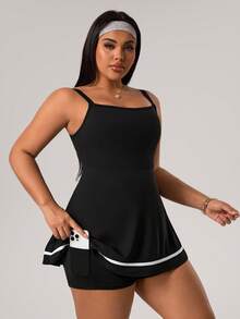 Rhythm Era 大码女式休闲无袖连衣裙，露背设计，撞色拼接，内置短裤和口袋，适合日常休闲穿着、跑步、瑜伽、健身、网球等运动。