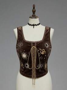 ROMWE EDITION Women's Witch Day Moon & Star Embroidered Velvet All-Match Fitted Tank Top - Brown - View 1