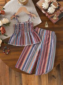 SHEIN Baby Girl Striped Frill Trim Camisole Top And Pants Vacation Set - Multicolor - View 2