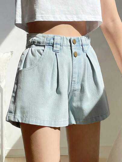 SHEIN Vintaside Kids 少女直筒牛仔短裤，浅色水洗，休闲简约，宽松版型，松紧腰带，适合春夏、上学、街头、户外、日常、聚会、度假、通勤、居家穿着。