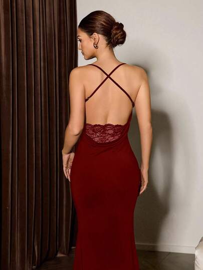 SHEIN Women's Sexy Solid Color Spaghetti Strap Draped Neck Backless Lace Patchwork Mermaid Nightgown