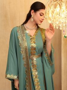 SHEIN Najma 2pcs Women's Exaggerated Ruffle Elegant Loose Casual Robe - Dark Green - View 1