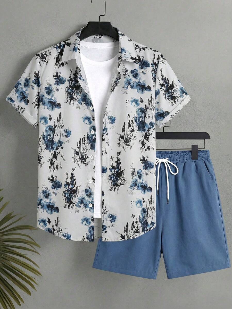 Solantero Men's Simple Print Short Sleeve Shirt And Solid Shorts Set Men Beach Outfit Set Men's Resort Wear Summer Outfit For Men Men Summer Outfits Set Mens Summer Holiday Clothes - Multicolor - View 1