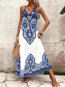 EMERY ROSE Women's Blue & White Bohemian Print Deep V-Neck Backless Loose A-Line Casual Dress, Chic Elegant Minimalist French Vintage Romantic Suitable For Daily, Commute, Beach Vacation, Spring/Summer Sleeveless Maxi Dress - Multicolor - View 6