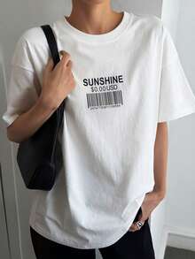 DAZY Camiseta de manga corta de mujer con cuello redondo, estampado de letras y números, de uso casual y versátil para uso diario - Blanco - Ver 6