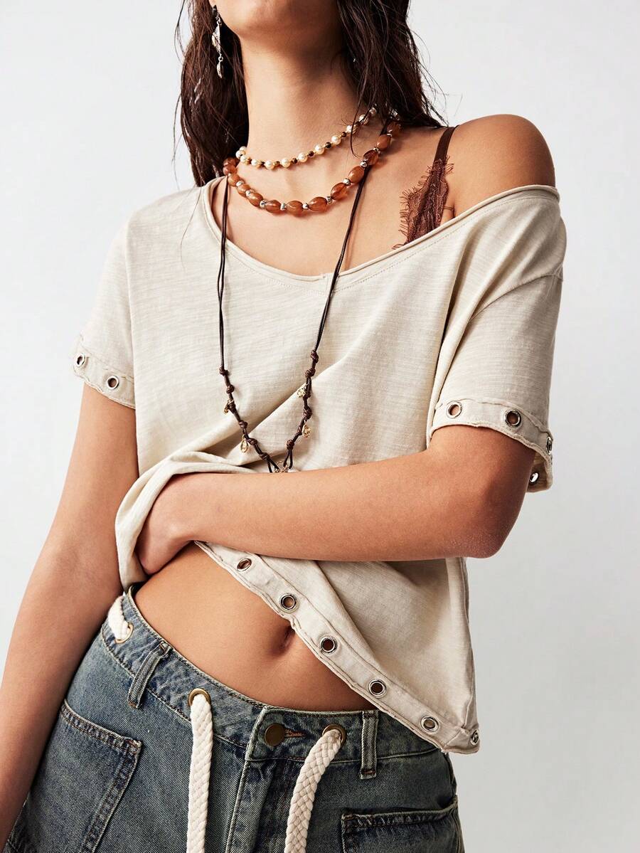 Bohemela 女士休闲纯色V领短袖宽松T恤 - 杏色 - 查看 1