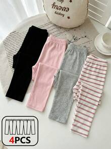 SHEIN Playful Pals 4件套女婴新生儿休闲百搭舒适柔软亲肤粉白条纹打底裤，粉色、灰色和黑色纯色打底裤。高性价比，适合春夏季室内外玩耍。 - 彩色 - 查看 5