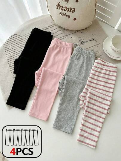 SHEIN Playful Pals 4件套女婴新生儿休闲百搭舒适柔软亲肤粉白条纹打底裤，粉色、灰色和黑色纯色打底裤。高性价比，适合春夏季室内外玩耍。