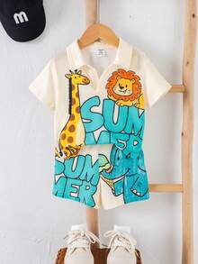 SHEIN 2 Stücke/Set Unisex Baby Jungen/Mädchen Lässig Süß Tier Muster V-Ausschnitt Kurzarm T-Shirt und Shorts Set, Frühling/Sommer Baby Kleidung Outfit - Aprikosenfarben - Übersicht 4