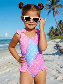 Emery Rose Kids Emery Rose Kids Young Girl Cute Fish Scale Random Print Ruffle Trim One-Piece Swimsuit, Summer Beach Holiday - Baby Pink - View 5