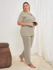 EURMUSE Plus Button Down Shirt Style 2 Piece Pajamas Set - Mocha Brown - View 3