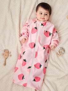 Cozy Pixies 1 pieza Saco de dormir de manga larga delgado con patrón de bordado de fresas para bebé, adecuado para uso en primavera y verano - Rosa - Ver 2
