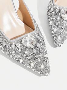 CUCCOO TILAWA 奢华金色水晶高跟凉鞋，手工镶钻镀金全铆钉凉鞋，适合婚礼、度假、派对、夜店及其他圣诞节场合。 - 銀色 - 查看 5