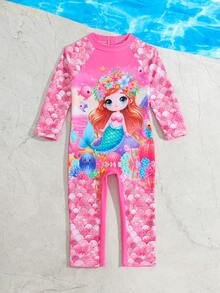 SHEIN 女婴泳衣 女婴连体泳衣 长袖长裤泳衣 可爱卡通美人鱼涤纶数码印花紫色渐变鱼鳞印花连体泳衣 女婴泳衣 - 粉色 - 查看 5