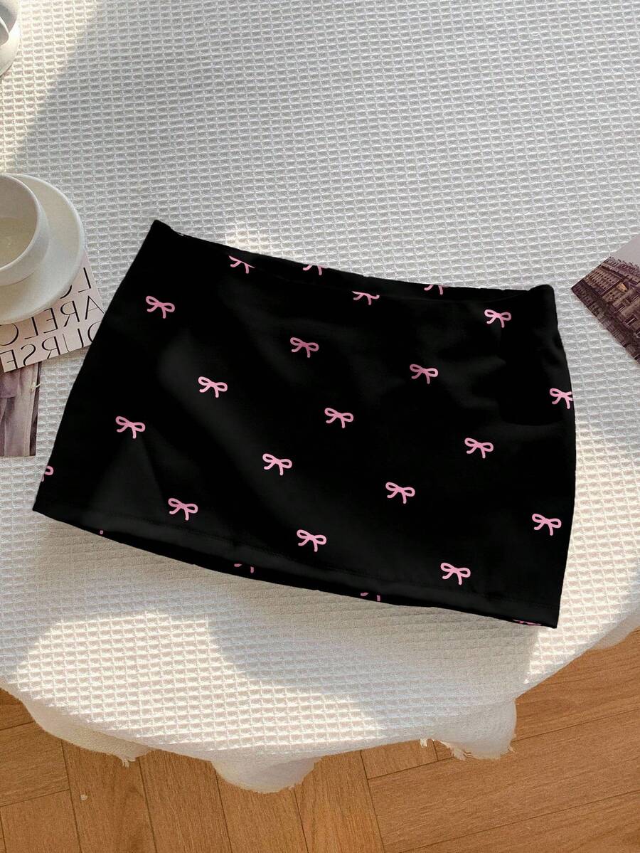 Comfortcana Casual Minimalist Black Background Pink Bow Allover Print Pattern Women's Low Waist Mini Skirt With Lining, Suitable For Spring/Summer Carnival - Multicolor - View 1