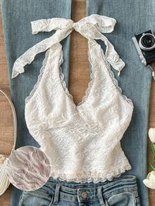 SHEIN EZwear Valentine's Day Summer Tops Women's V-Neck Jacquard Lace Trim Cinched Waist Backless Camisole - Apricot - View 1