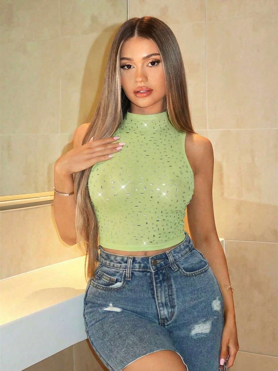 SHEIN BAE Khaki/Nude Color Rhinestone Decor Mesh Sexy Backless Camisole, Elegant For Country Concert, Festival, Music Event, Party, Summer Date Night - Lime Green - View 1