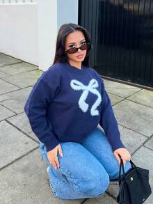 NegzBox New Plush Bow Knitted Sweater For Women, Autumn - Royal Blue - View 1