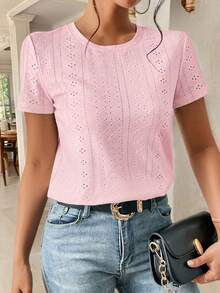 SHEIN Frenchy Áo thun cổ tròn thêu lỗ trơn - Màu Hồng baby - Xem 5