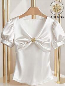 Franclia Women's Short Sleeve T-Shirt With Twist Puff Sleeve Design Satin Blouses For Women White Satin Top Elegant Blouses White Elegant Top Puff Sleeve Satin Top Elegant White Top White Elegant Blouse - White - View 1