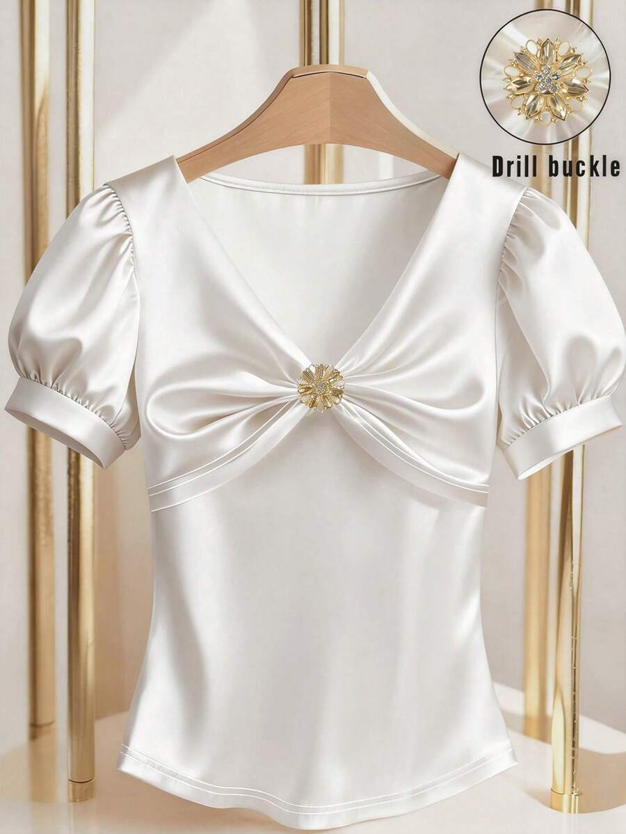 Franclia Women's Short Sleeve T-Shirt With Twist Puff Sleeve Design Satin Blouses For Women White Satin Top Elegant Blouses White Elegant Top Puff Sleeve Satin Top Elegant White Top White Elegant Blouse - White - View 1