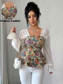 SHEIN Elenzya 新款春夏优雅女士衬衫，提花拼接雪纺游牧风衬衫，复古宫廷风格，适合约会、派对、日常出行、新年派对、情人节等场合，腰部设计衬衫 - 彩色 - 查看 1