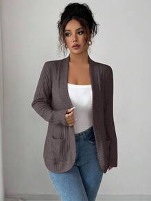 SHEIN PETITE 女士休闲罗纹抓绒开襟侧袋短款轻薄外套 女士开衫 薄款开衫 女士开衫 女士开衫 - 摩卡棕 - 查看 6