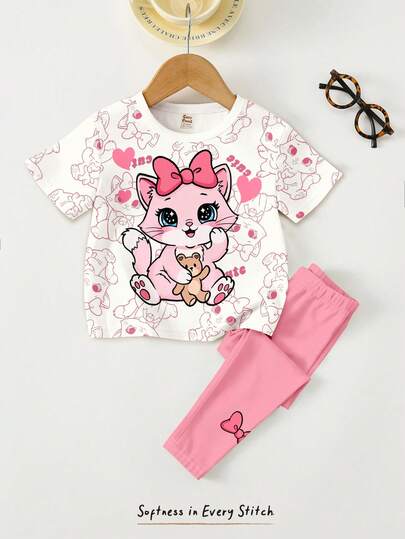 SHEIN Cream White & Cream Pink, Cute Cat Animal Print, Young Girl Casual Minimalist Soft Comfortable Loose Round Neck Short Sleeve T-Shirt And Leggings Set, Suitable For Daily Wear, Outings, Home, Vacation, Homecoming, Back To School, Spring & Summer Girls Outfits, Easy Comfort, Spring & Summer Sets For Little Girls, Stylish Girls, Casual Wear, Baby & Kids Cat Animal Graphic Clothes, Spring & Summer Fashion, Chic, New Style, Chill