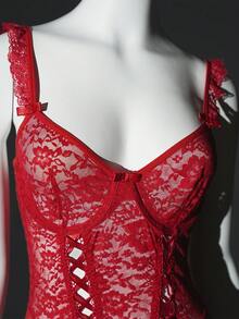 SHEIN 4pcs/Set Women's Sexy Lace Patchwork Lingerie Set, Valentine's Day - Red - View 8