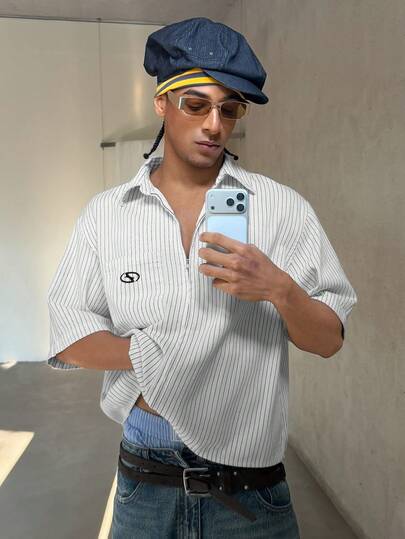 STEELVANCE Vintage Embroidered Vertical Striped Casual Short Sleeve Shirt, Spring/Summer