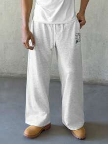 STEELVANCE Men's Casual Versatile Letter Print Drawstring Waist Pants - Light Grey - View 3